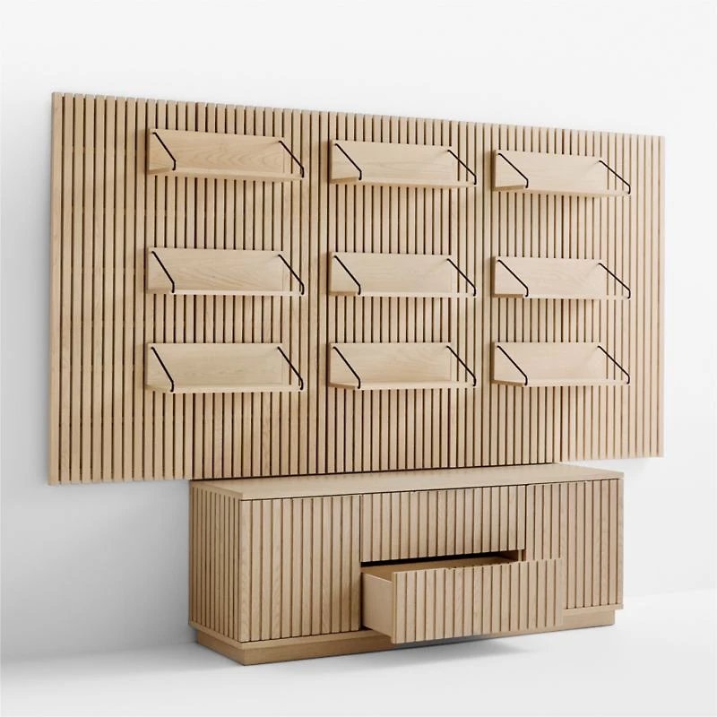 Batten White Oak Storage Media Console Set with 5 Panels and Reversible Shelves