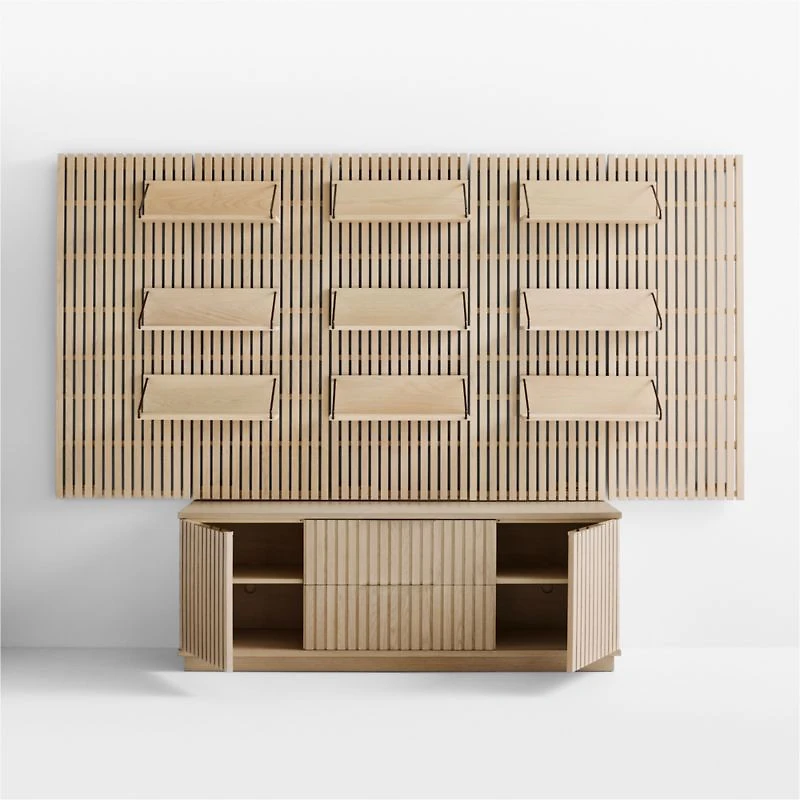 Batten White Oak Storage Media Console Set with 5 Panels and Reversible Shelves