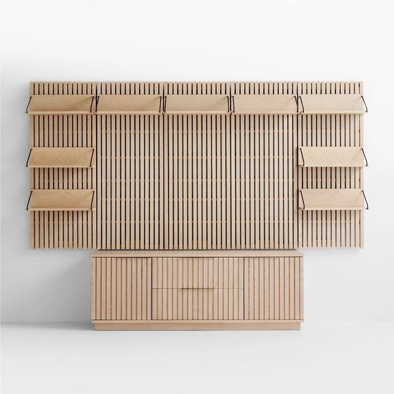 Batten White Oak Storage Media Console Set with 5 Panels and Reversible Shelves