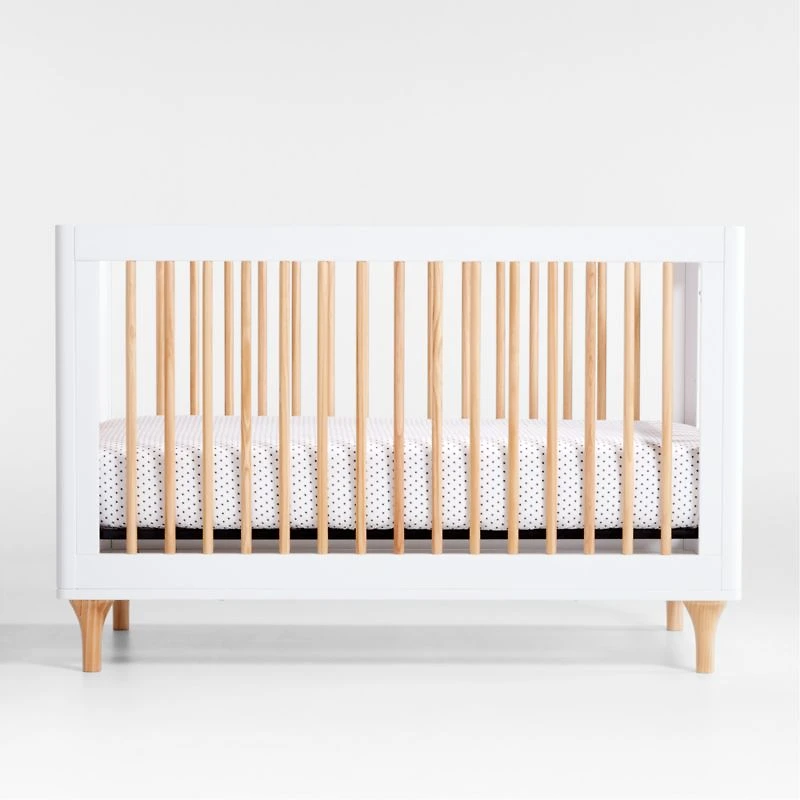 Babyletto Lolly White & Natural Wood 3-in-1 Convertible Baby Crib with Toddler Bed Conversion Kit