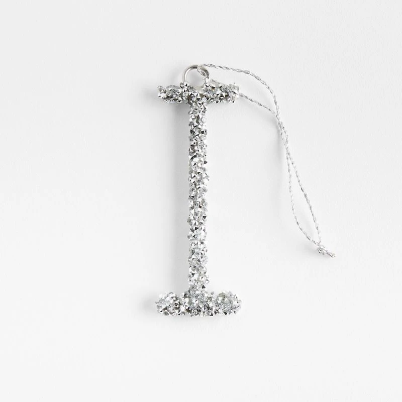 Silver Beaded Monogram "I" Letter Christmas Tree Ornament