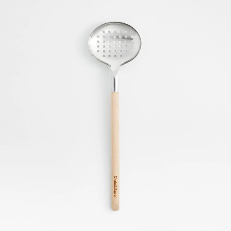 Crate & Barrel Beechwood and Stainless Steel Slotted Spoon