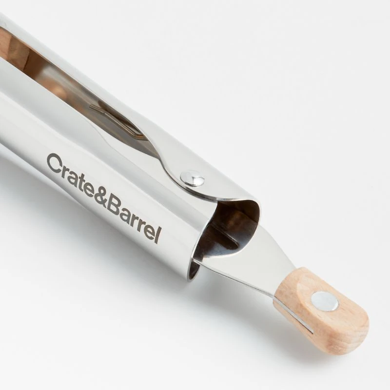 Crate & Barrel Beechwood and Stainless Steel Serving Tongs 9"