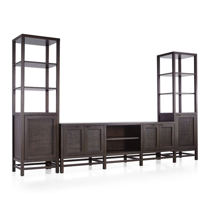 Blake 85" Dark Brown Teak and Rattan Storage Media Console with 2 Tall Cabinets