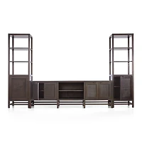 Blake 85" Dark Brown Teak and Rattan Storage Media Console with 2 Tall Cabinets