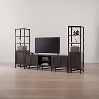 Blake 85" Dark Brown Teak and Rattan Storage Media Console with 2 Tall Cabinets