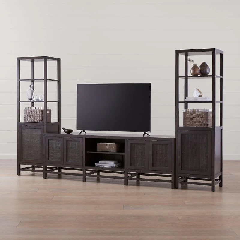 Blake 85" Dark Brown Teak and Rattan Storage Media Console with 2 Tall Cabinets
