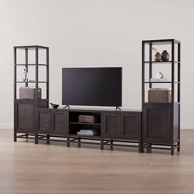 Blake 85" Dark Brown Teak and Rattan Storage Media Console with 2 Tall Cabinets