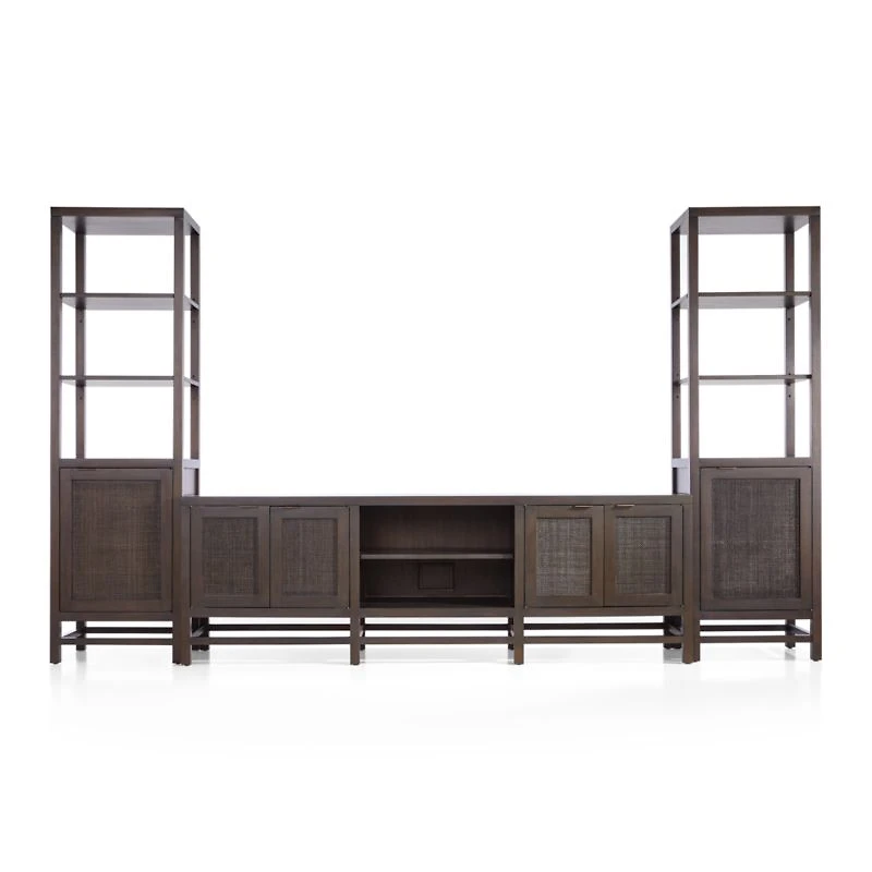 Blake 85" Dark Brown Teak and Rattan Storage Media Console with 2 Tall Cabinets