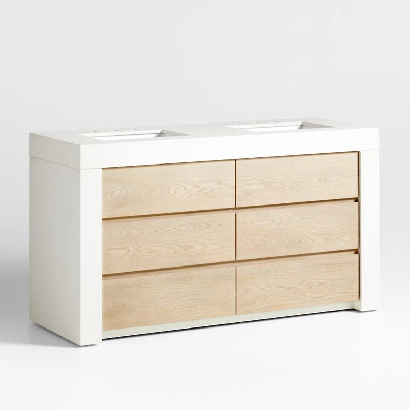 Bluff 60" Bleached Ash and Off White Quartz Double Vanity