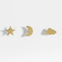 Brass Metal Celestial Kids Wall Hooks, Set of 3