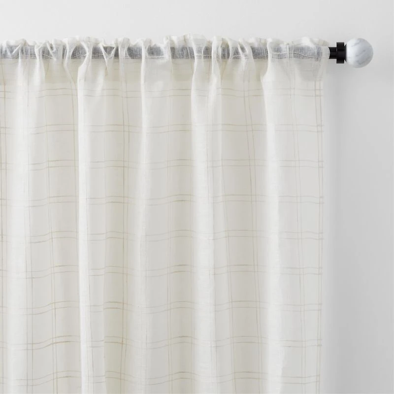Briza White Windowpane European Flax ™-Certified Linen Sheer Window Curtain Panel 52"x84"