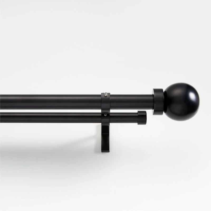 Black 1" Double Curtain Rod and Large Round End Cap Finials Set 88"-120"