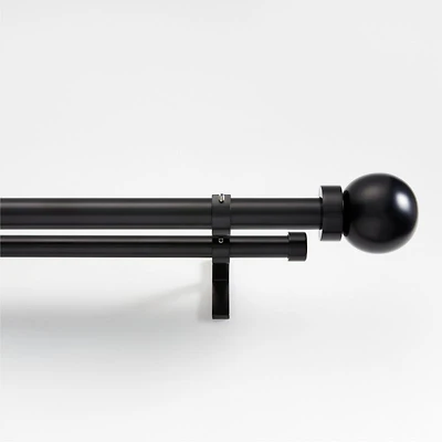 Black 1" Double Curtain Rod and Large Round End Cap Finials Set 88"-120"