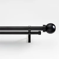 Black 1" Double Curtain Rod and Large Round End Cap Finials Set 88"-120"