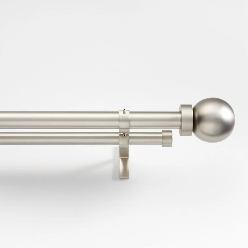 Brushed Nickel 1" Double Curtain Rod and Large Round End Cap Finials Set 88"-120"