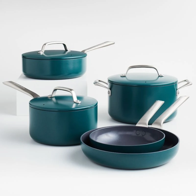 Crate & Barrel EvenCook Ceramic ™ Deep Teal Ceramic Nonstick 8-Piece Cookware Set with Bonus