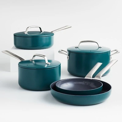 Crate & Barrel EvenCook Ceramic ™ Deep Teal Ceramic Nonstick 8-Piece Cookware Set with Bonus