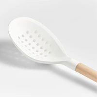 Crate & Barrel White Silicone and Wood Deep Slotted Spoon