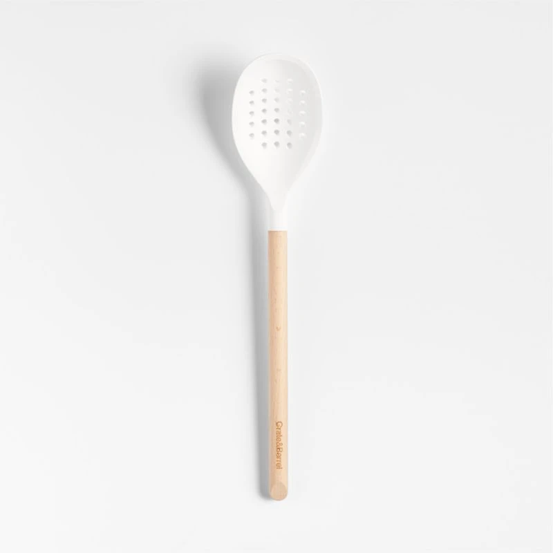 Crate & Barrel White Silicone and Wood Deep Slotted Spoon