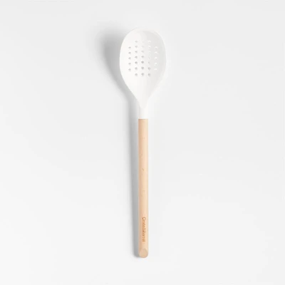 Crate & Barrel White Silicone and Wood Deep Slotted Spoon