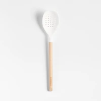 Crate & Barrel White Silicone and Wood Deep Slotted Spoon