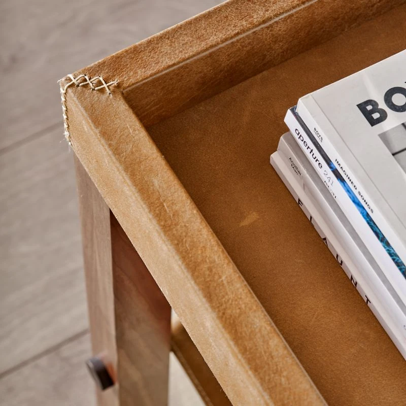 Shinola Runwell Leather and Wood End Table with Shelf