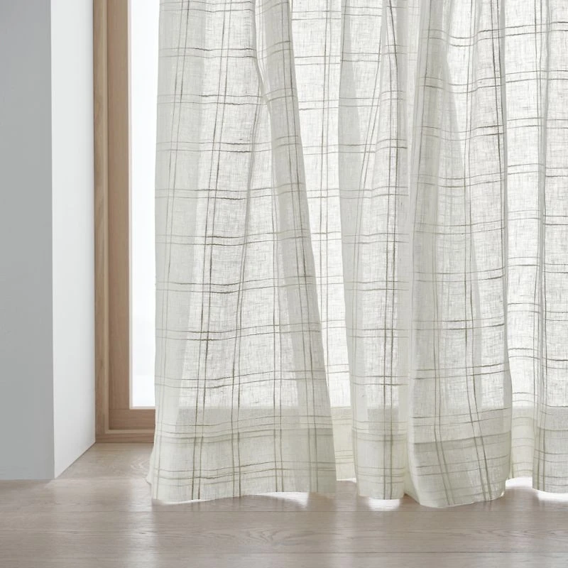 Briza White Windowpane European Flax ™-Certified Linen Sheer Window Curtain Panel 52"x84"