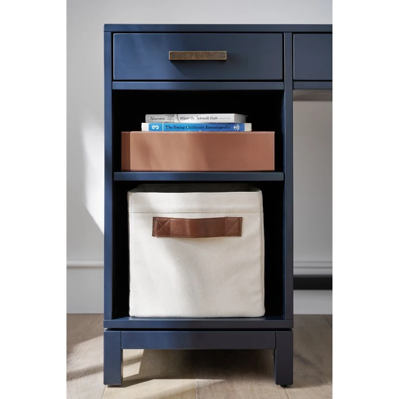 Canvas Shelf Storage Bin with Brown Leather Handles, Set of 4