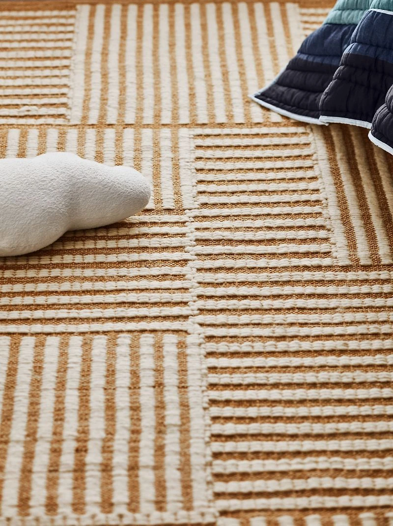 Flatweave Grid Wool and Cotton Yellow Kids Area Rug 5'x8'