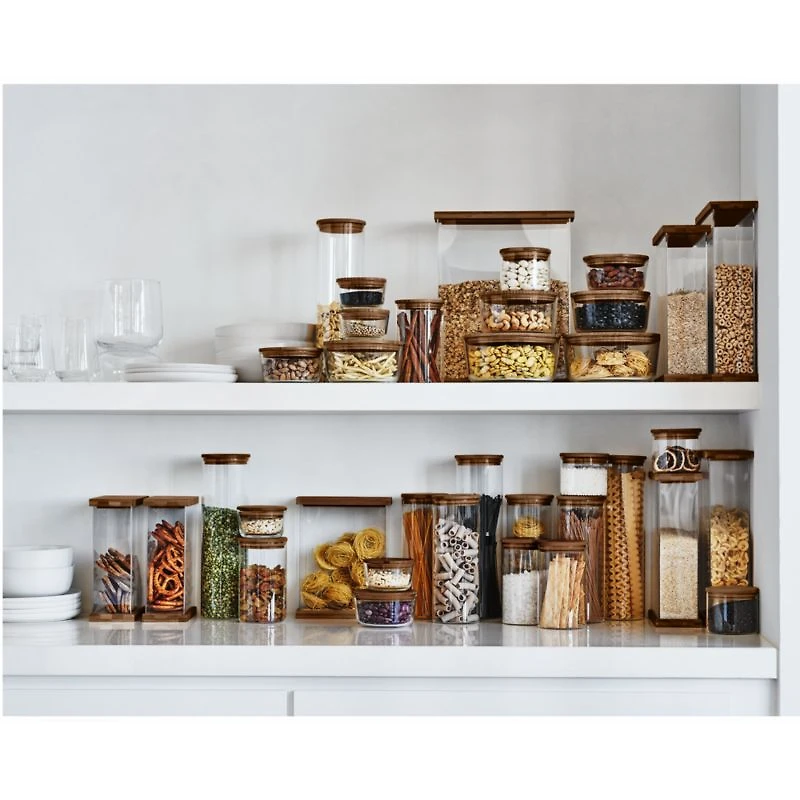 Complete Round Glass Canister Set with FSC-Certified Dark Acacia Wood Lids