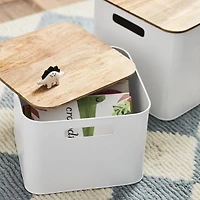 Outline White Medium Metal Storage Bin with Wood Lid