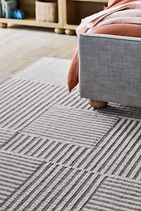 Flatweave Grid Wool and Cotton Light Grey Kids Area Rug 5'x8'