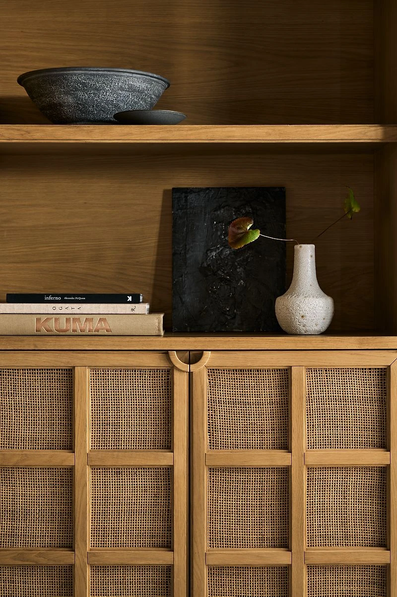 Campagna 76" Rattan and Natural Oak Wood Storage Media Console