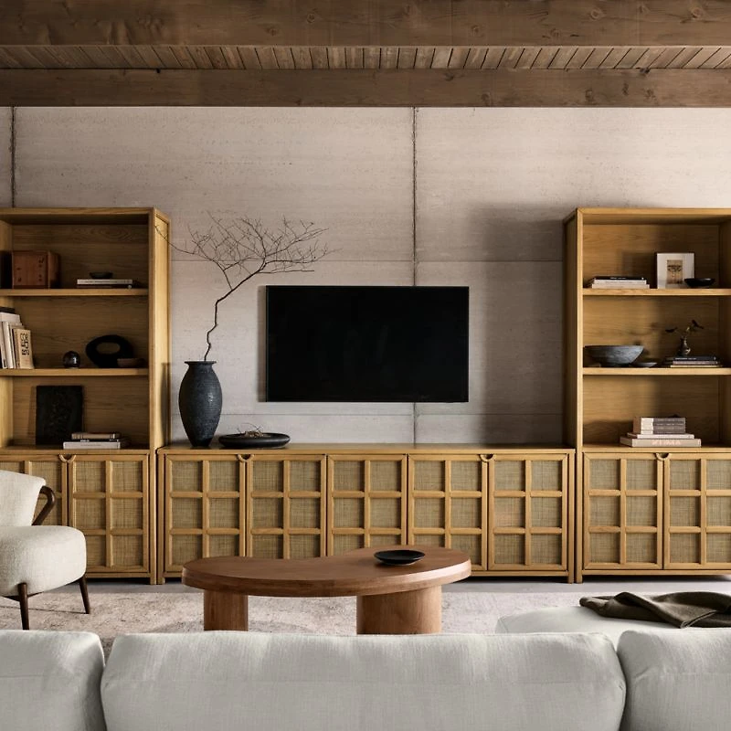 Campagna 76" Rattan and Natural Oak Wood Storage Media Console