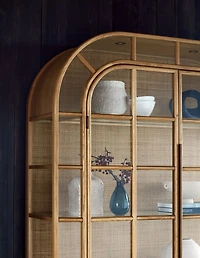 Atrium 58" White Oak and Rattan 4-Shelf Lighted Storage Display Cabinet