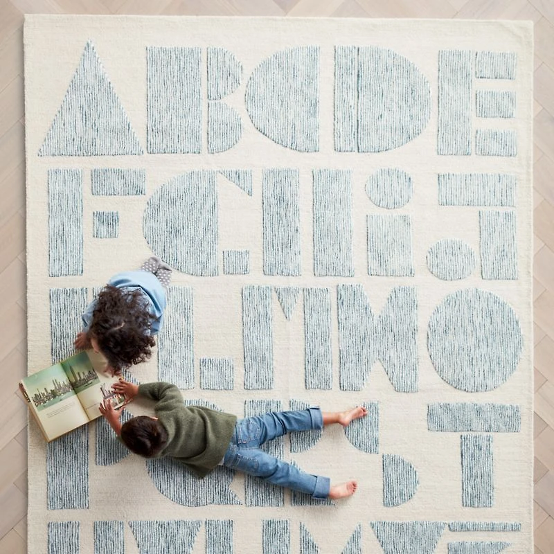 Modern Alphabet Blue Kids Wool Area Rug 6'x9'