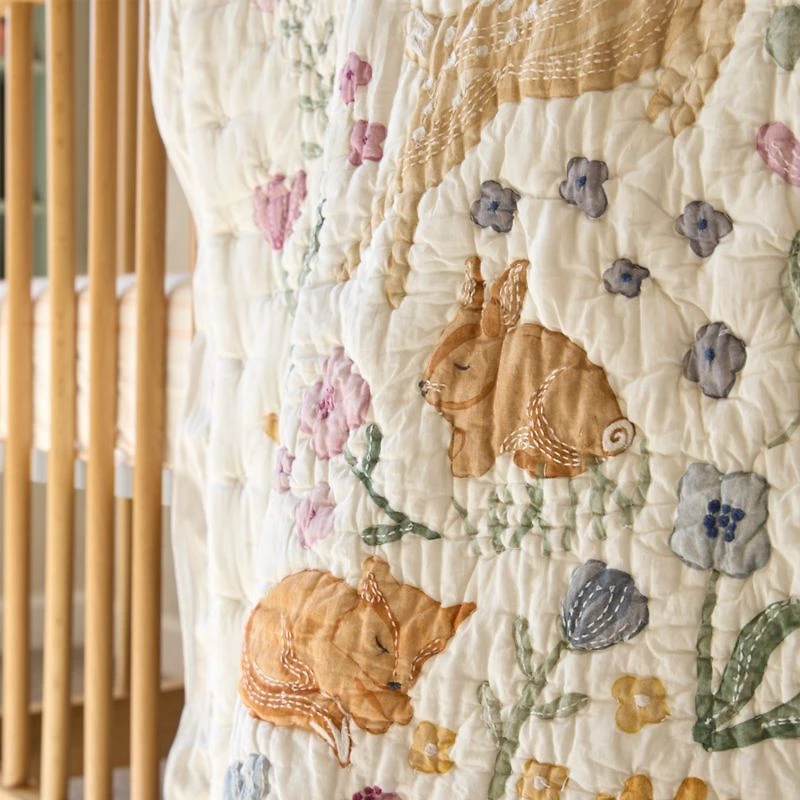 Wonderland Prairie Embroidered Organic Cotton Voile Baby Crib Quilt