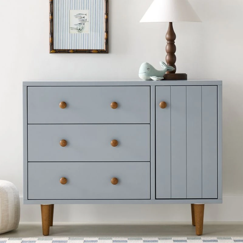 Finn 44" Narrow Mist Blue Wood 3-Drawer Kids Dresser with Door
