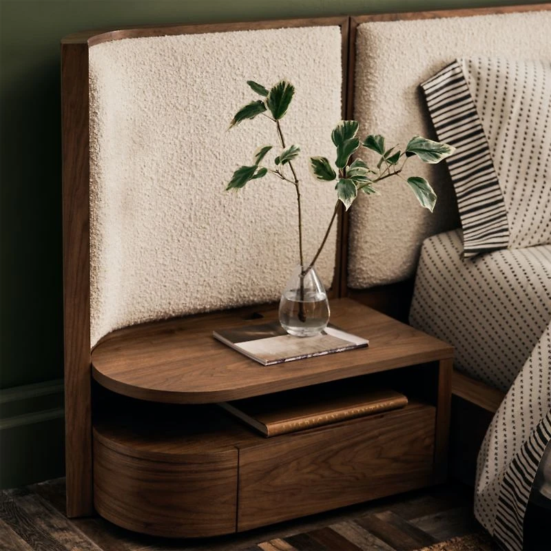 Milano Natural Walnut Wood Upholstered Queen Bed with Nightstands