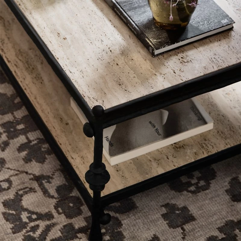 Estate Travertine and Metal 64" Rectangular Coffee Table with Shelf by Jake Arnold