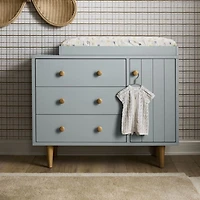 Finn 44" Narrow Mist Blue Wood 3-Drawer Kids Dresser with Door