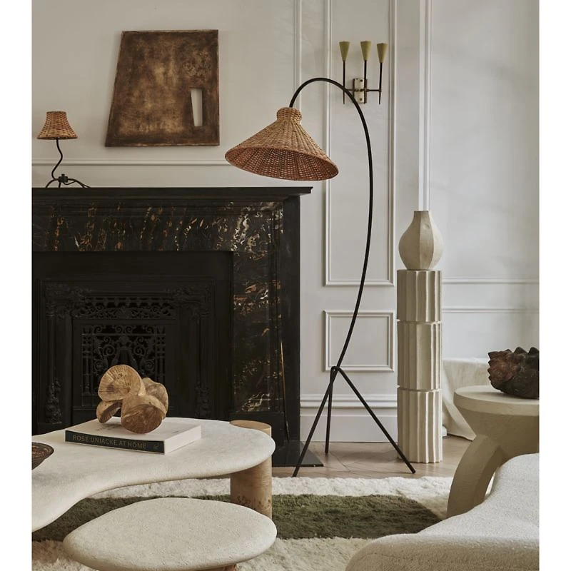 Bibelot Wavy Black Metal Mini Table Lamp with Rattan Shade by Athena Calderone 15.6"