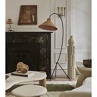 Bibelot Wavy Black Metal Mini Table Lamp with Rattan Shade by Athena Calderone 15.6"