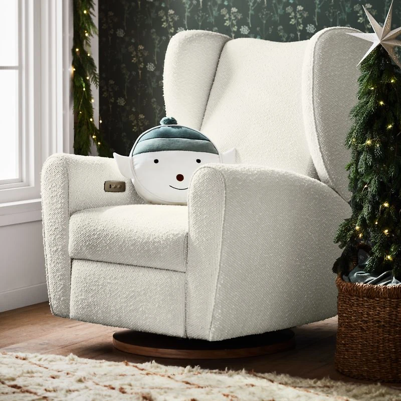 Seesaw Cream Boucle Electronic Swivel Glider Power Recliner Nursery Chair with Natural Wood Base