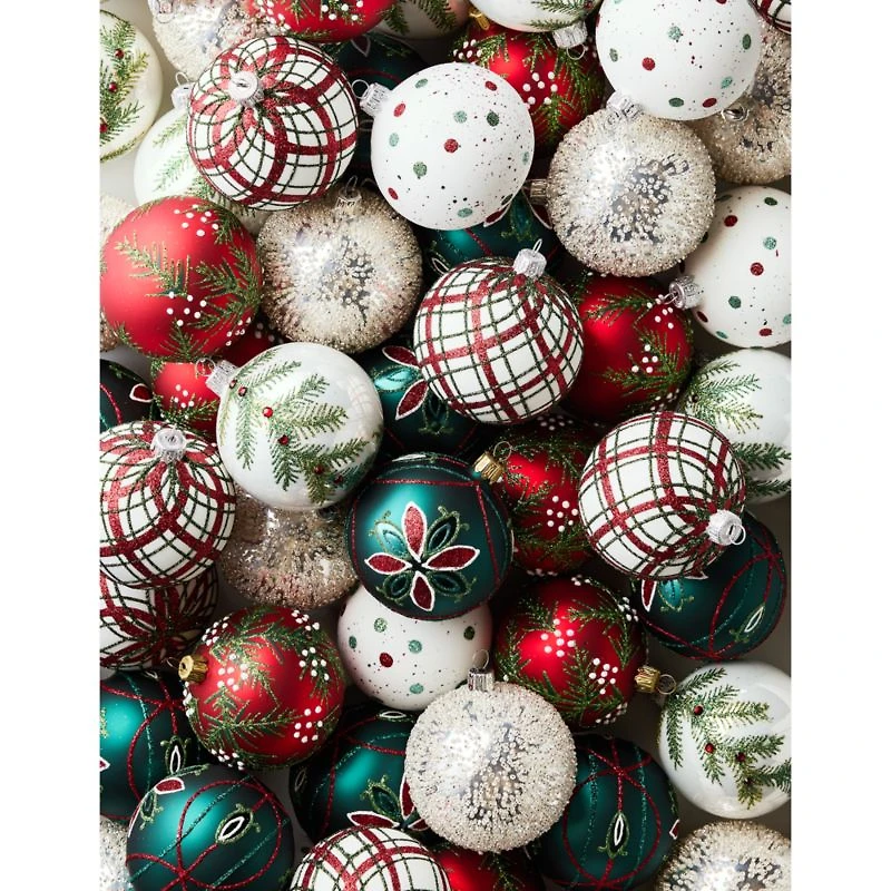 Red and Green Glitter Plaid White Glass Ball Christmas Tree Ornament