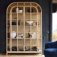 Atrium 58" White Oak and Rattan 4-Shelf Lighted Storage Display Cabinet