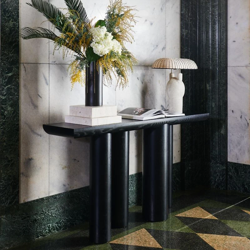 Bomen 66" Asymmetrical Black Oak Wood Console Table