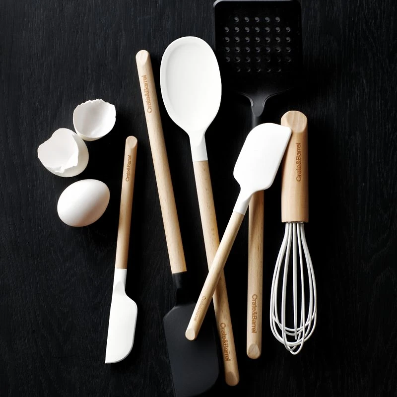 Crate & Barrel Wood and White Silicone Slotted Spoon