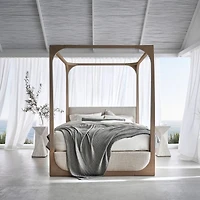 Escondido Weathered Grey Acacia Wood Upholstered King Canopy Bed
